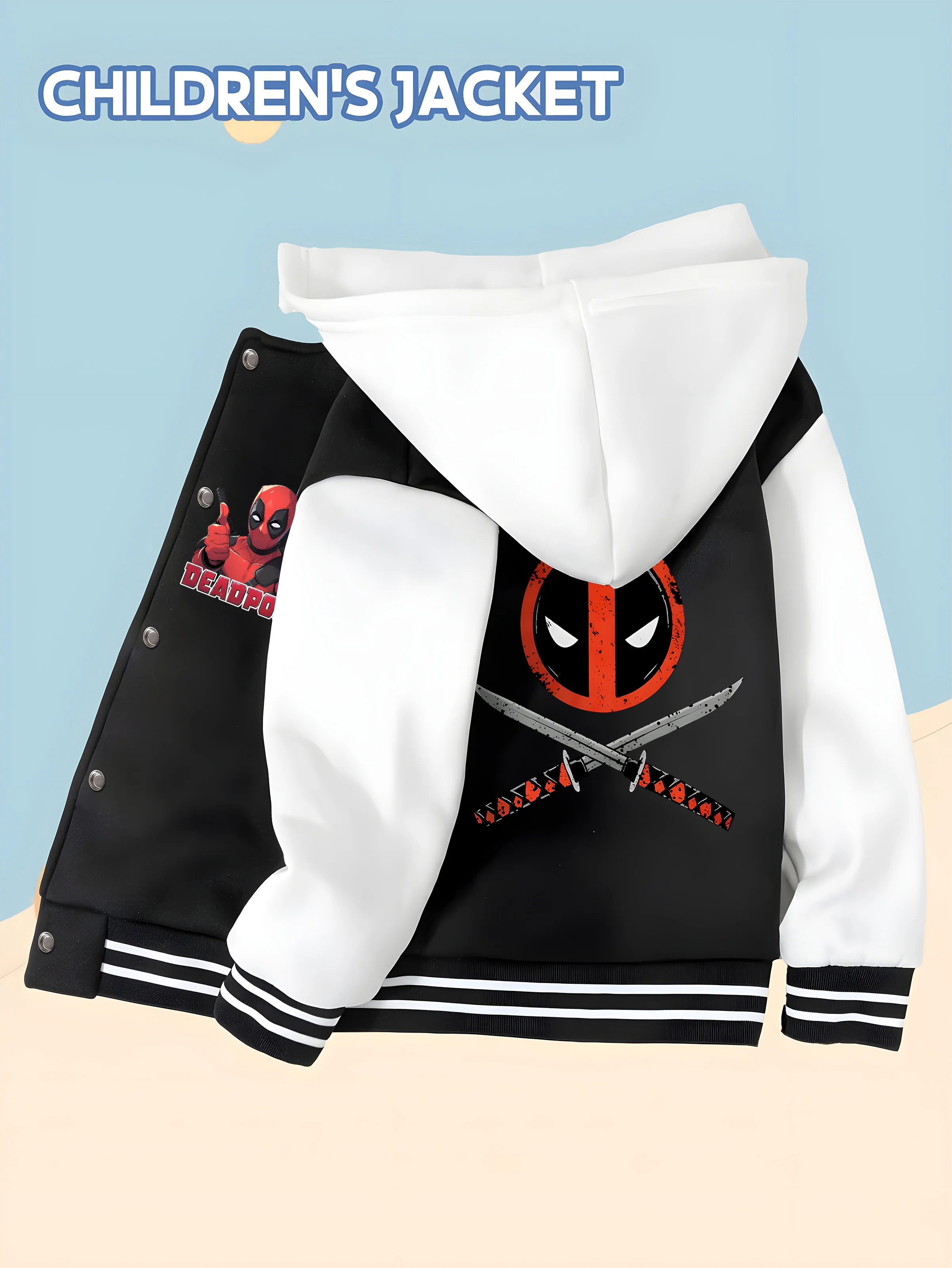 

MINISO Marvel Boys' Baseball Jacket - Deadpool Funny Print, Double-sided Pattern, Comfortable Fabric, Black and White, Fashionab