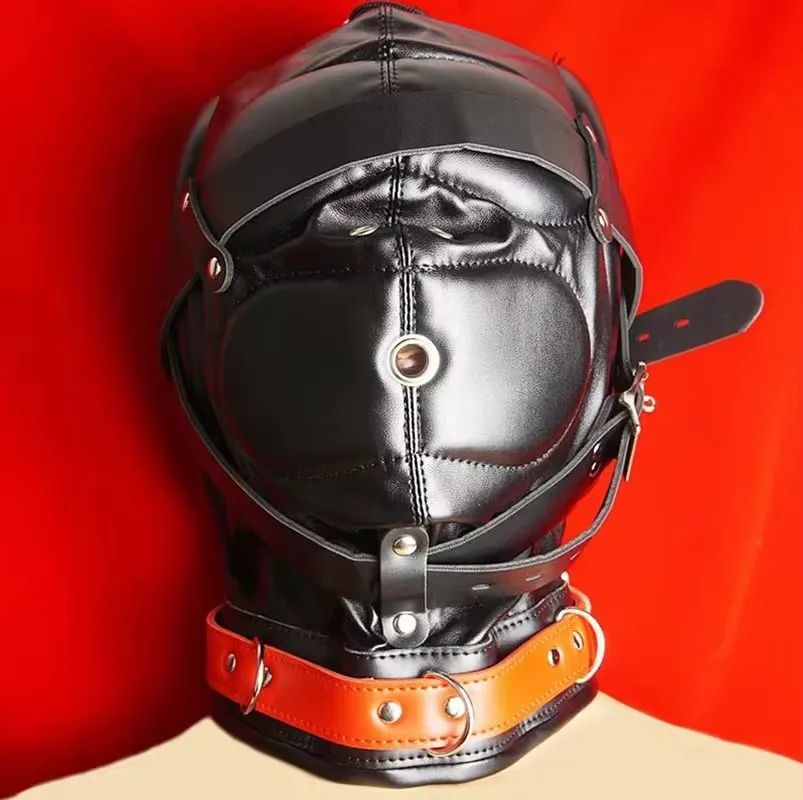 BDSM Mask Leather,Total Blackout Slave Sex Hood Bondage Breathing Hole,Padded Ear and Mouth Restraints,Adult Games,Blindfold