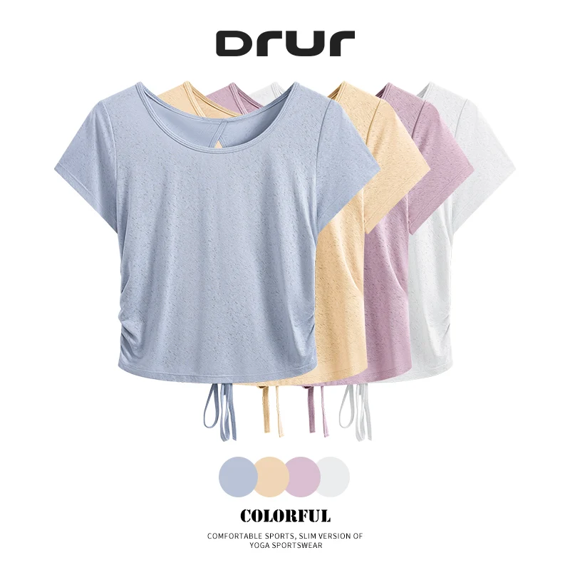 DRUR Women's Hollow-Out Back Yoga Top Drawstring Pleats Short Sleeve Fitness T-Shirt	Y2K Sportswear Woman Gym Running Pilates