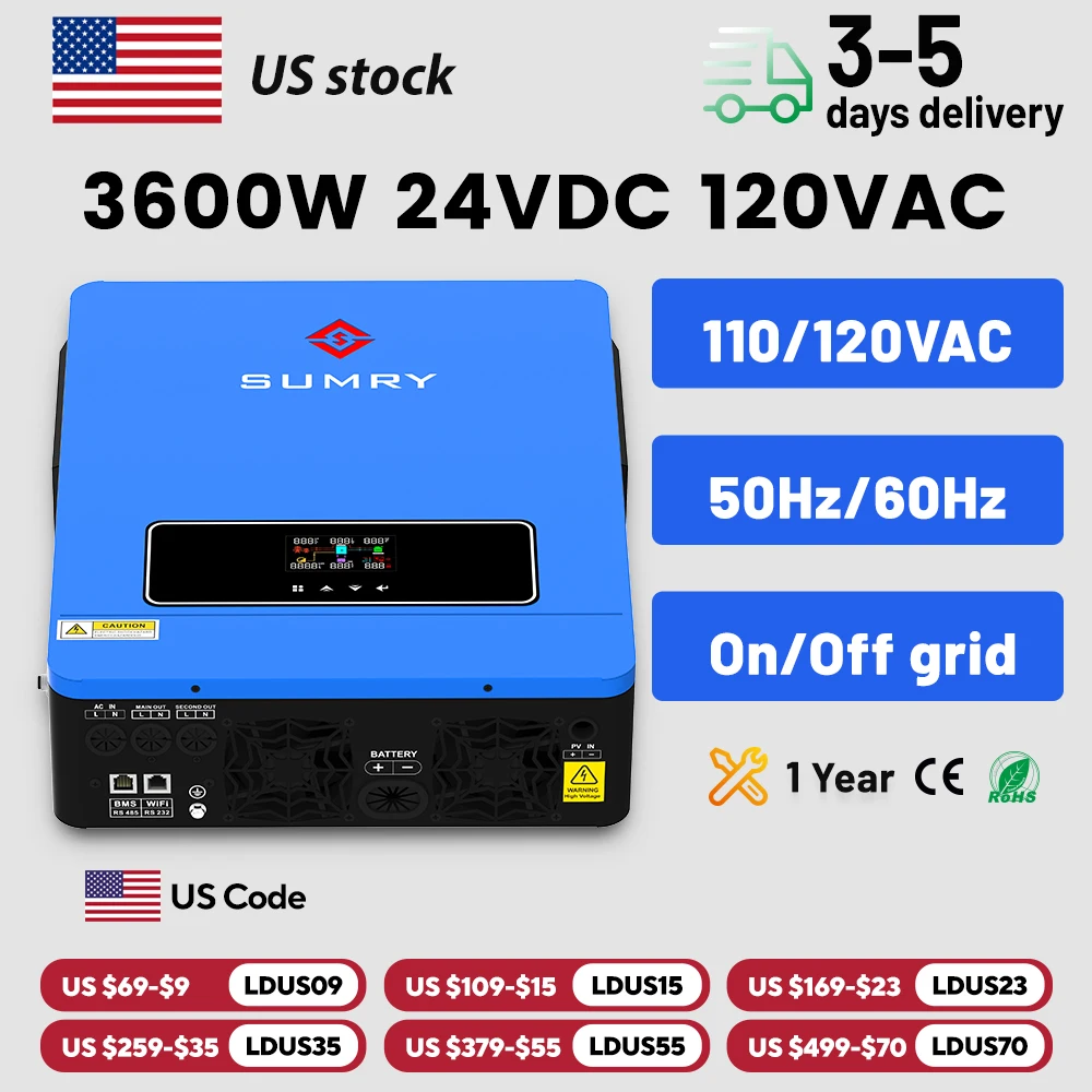 SUMRY 3600w Hybrid Pure Sine Wave Inverter 24v Dual Output 120v Solar Inverter 50/60hz Short-circuit Protection