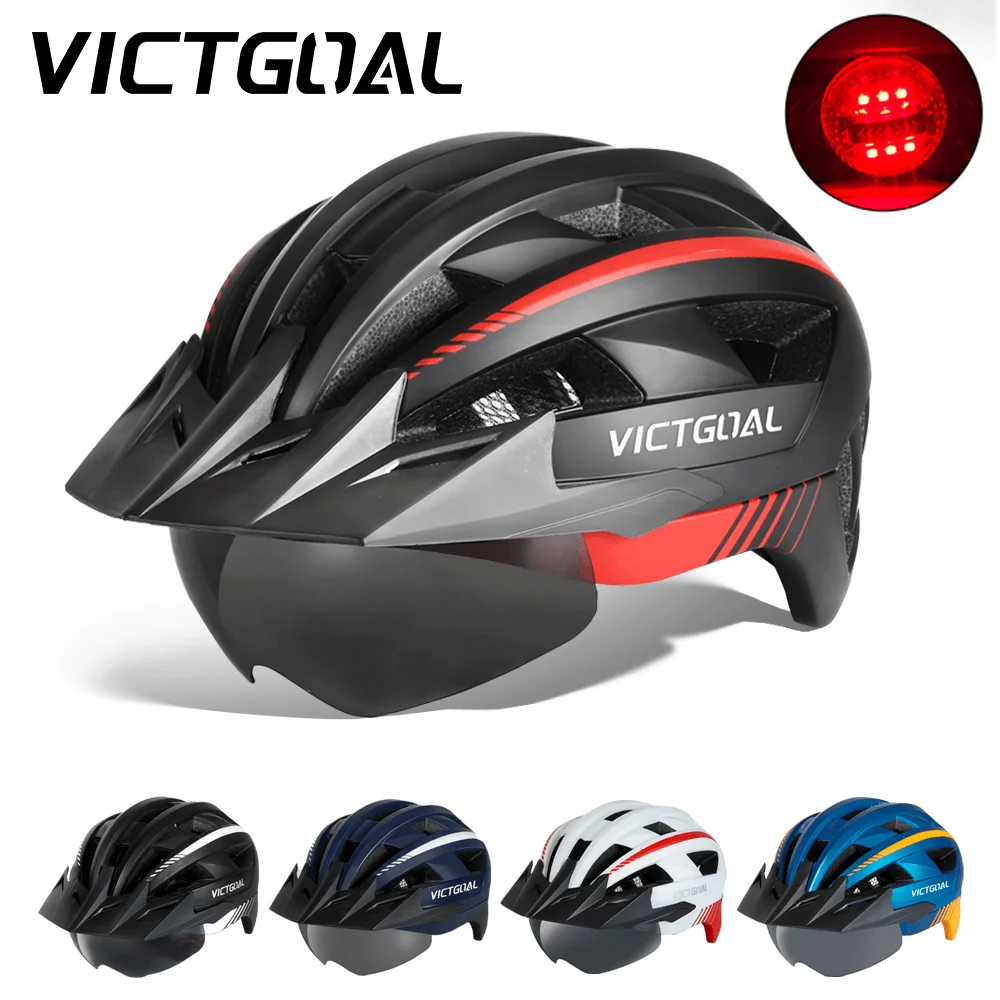 

VICTGOAL Bicycle Helmet For Men Women Sun Visor Goggles Cycling Safety LED Tail Light Magnetic Lens MTB Road Scooter Bike Helmet