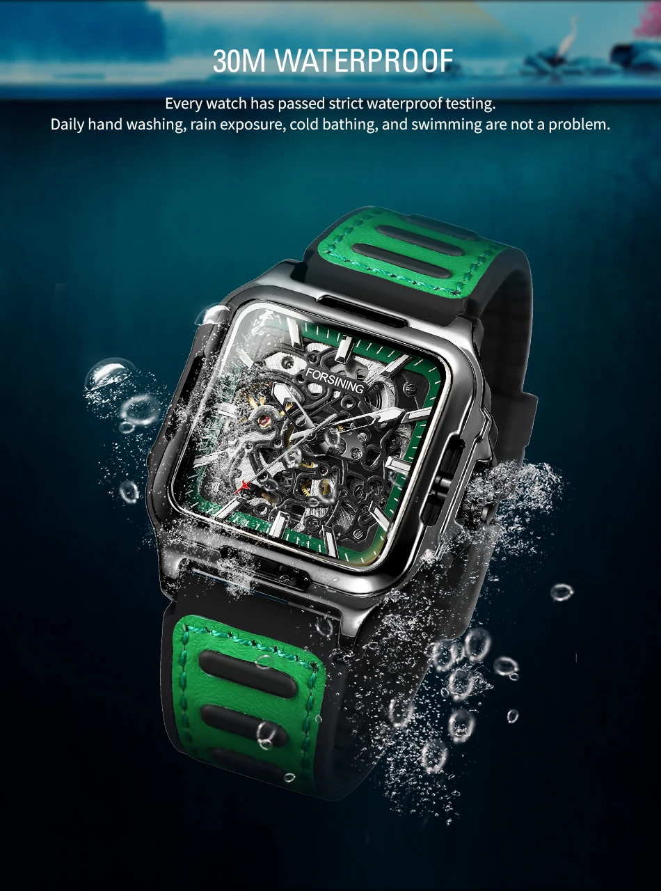 FORSINING Original Square Skeleton Mechanical Men Wristwatches Automatic Movement Field Sport Green Rubber Luxury Replica Watch