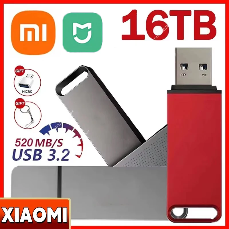 샤오미 미지아 고속 전송 미니 플래시 드라이브, USB 3.2 C 타입 U 플래시, SSD 금속 방수 U 드라이브, 휴대용 플래시 드라이브, 16TB 