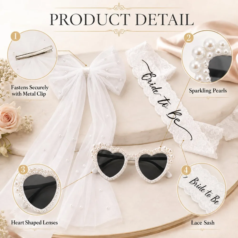 3-teiliges Braut-Set für Junggesellinnenabschied, Braut-Schärpe, Spitzen-Schleier, Perlen-Herz-Sonnenbrille für Brautparty, Hochzeits-Foto-Requisiten – Detail 2