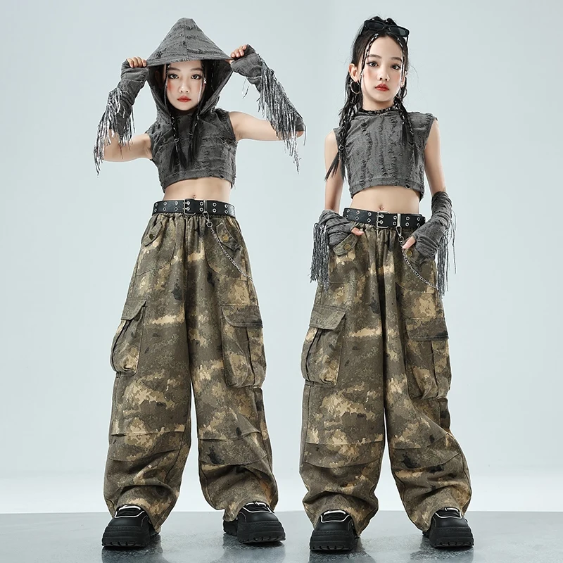 

Kpop для девочек, наряд в стиле хип-хоп, костюм для джазовых танцев, топ с капюшоном, камуфляжные брюки, костюм, одежда для подиума для девочек, одежда DQL10304