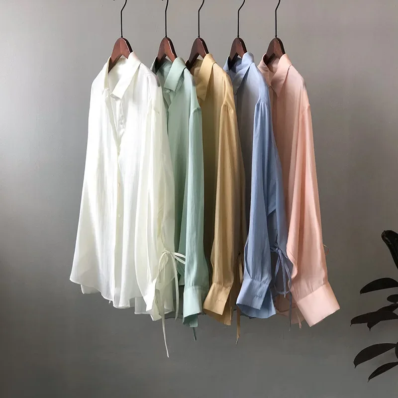 Ladies Cute Multicolor Loose Summer Shirt Korean Button Up Long Sleeve Light Sun Protection Shirt Girls Pink Streetwear Top