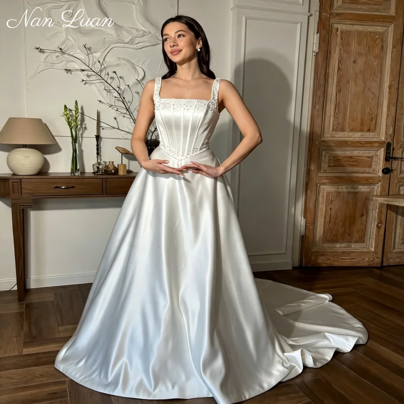 Church Wedding Satin A Line Gown Luxury Pearl Beaded Cathedral Train Lace Up Dress Customized Vestidos De Novia
