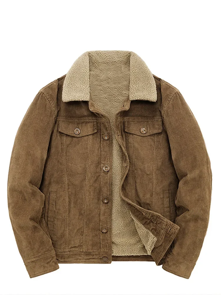 Chaqueta de algodón de pana de invierno para hombre, chaquetas de terciopelo de felpa cálidas con solapa sólida, abrigo Vintage callejero, abrigos gruesos de lana de cordero para hombre 2024