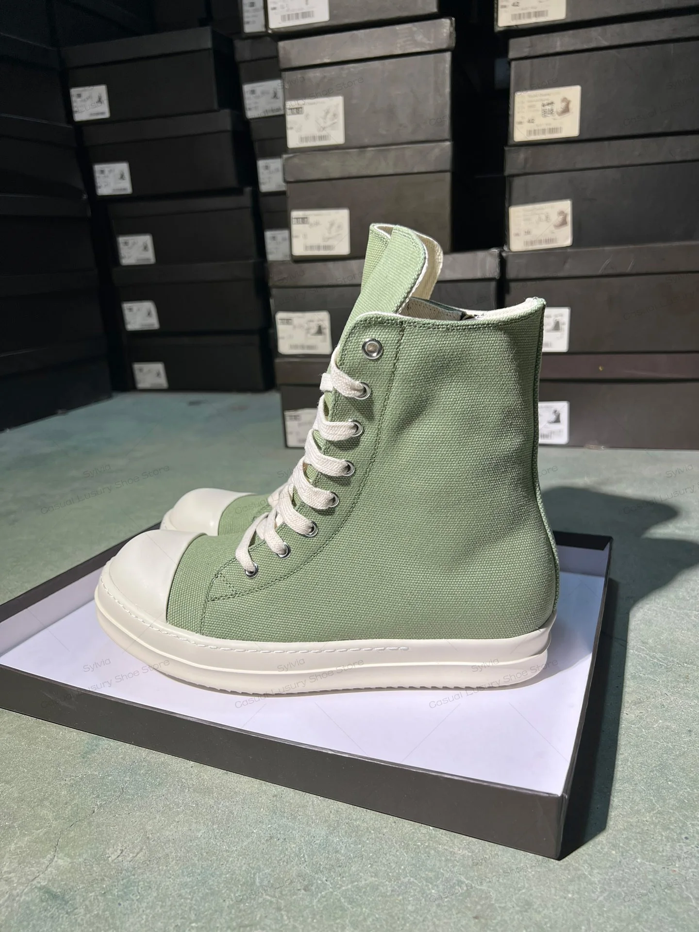 Ricks Luxury Casual Shoe Men Owens Ankle Boot Women Army Green Canvas High Top Lace-up Zipper Classic Luxury Owens Flat Sneakers