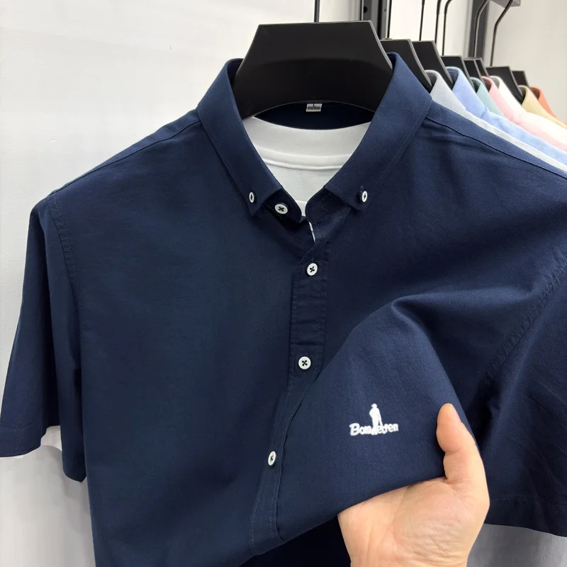 High end 100% cotton short sleeve shirt men's summer new fashion brand golf boutique embossed design business casual lapel top