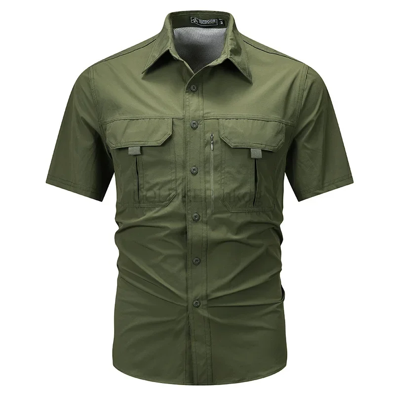 

2026 Summer New Cargo Shirt Short Sleeve Men's Cargo T-shirt Outdoor Navy Multi-pocket Breathable Camping Hiking Work Shirts