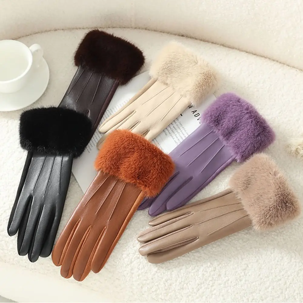 

Женские кожаные перчатки с термоподкладкой, утепленные однотонные женские перчатки с сенсорным экраном, термоизолированные на весь палец