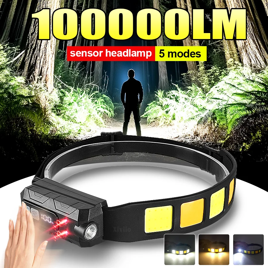 

2025 ИК-датчик сильный световой фара 100000LM супер яркая голова установленная голова факел USB аккумуляторный светодиодный фара на открытом воздухе ремонт автомобиля рыбалка