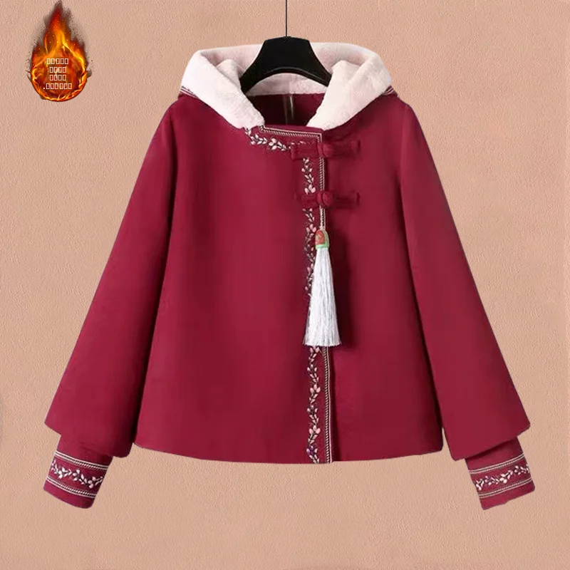 

New Year Red Hooded Fleece Women's Sweatshirt Embroidered Thickened Autumn Winter Traditional Chinese Style Button up Top