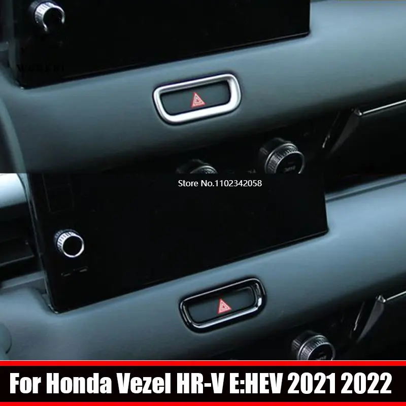 For Honda Vezel HR-V E:HEV 2021 2022 ABS black chrome Car Front Warning Light Button Switch Cover Double Flash Frame Trim