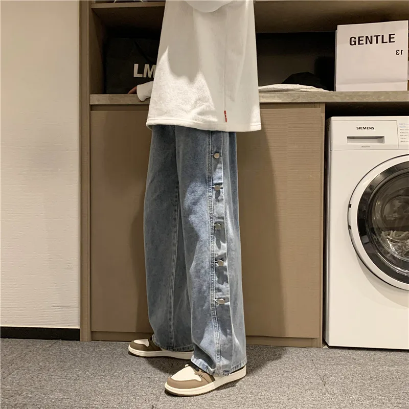 

Korean Style Fashion Men's Denim Wide-leg Pants 2023 New Autumn Loose Straight Jeans Stylish Denim Trousers for Male L45