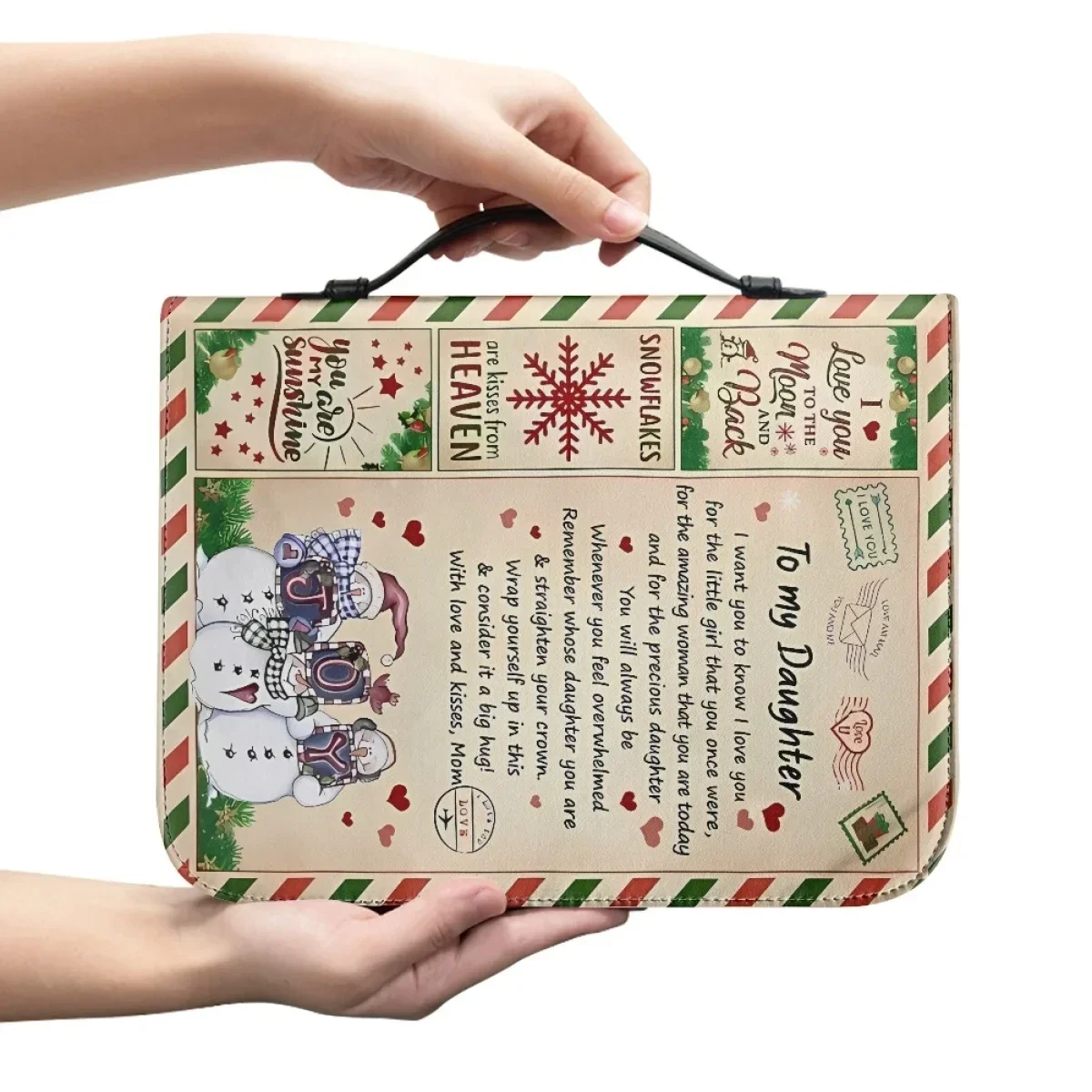 Christmas Blessings To Daughter Print Bible Cover Case Women Leather Handbags Christmas Zippered Handle Bible Study Book Boxes