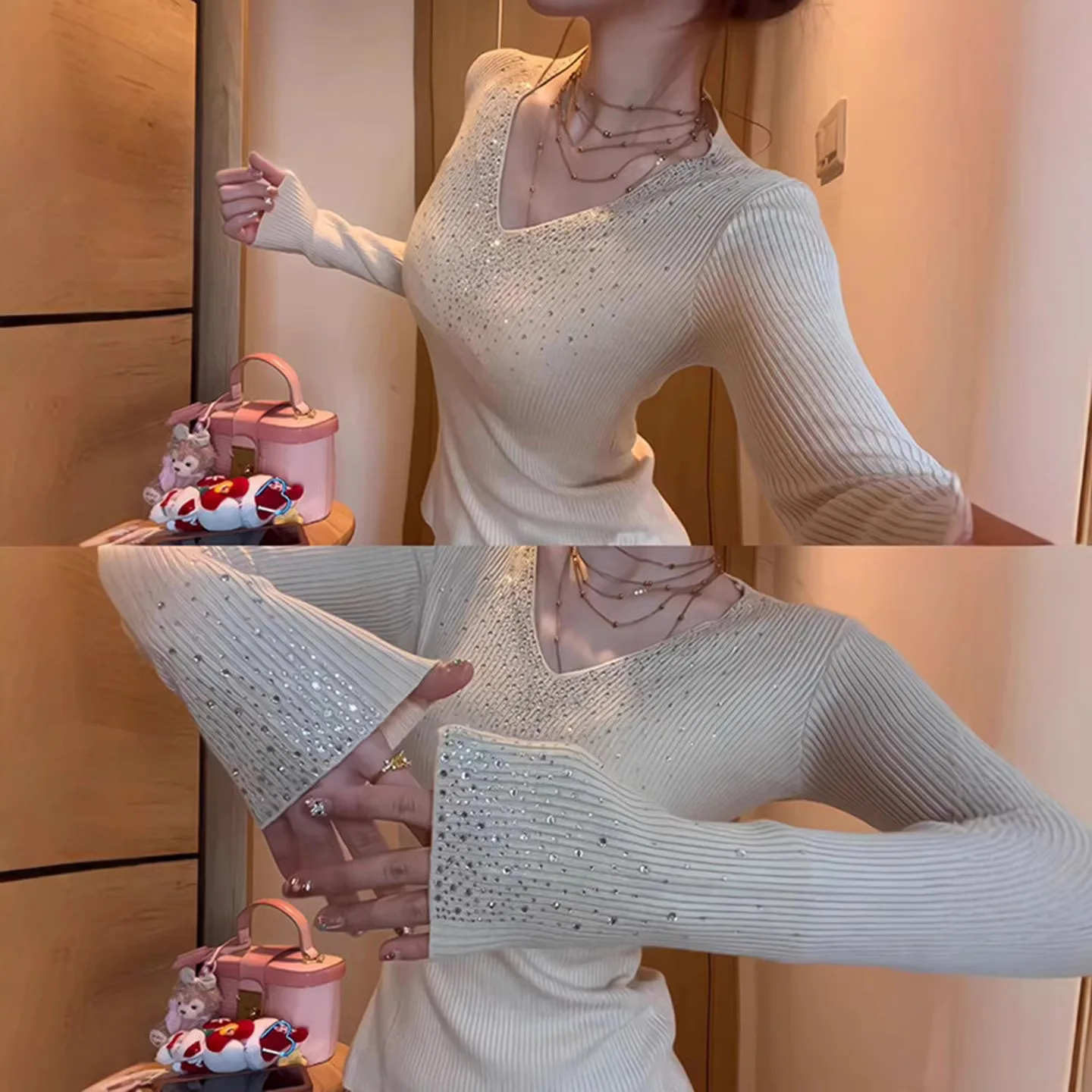 Stunning Glitter Knitted Sweater Women's V-Neck Base Shirt Inner Wear Slim Fit Autumn Winter High-End Feeling Fashionable