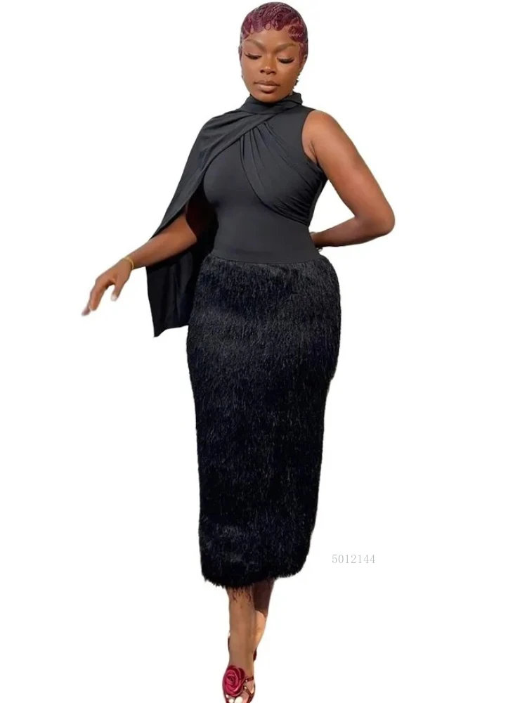 

Sexy Fur Patchwork Bodycon Long Dresses Women Solid Color Irregular Sleeveless Dress Female Streetwear Vestidos 2025 New