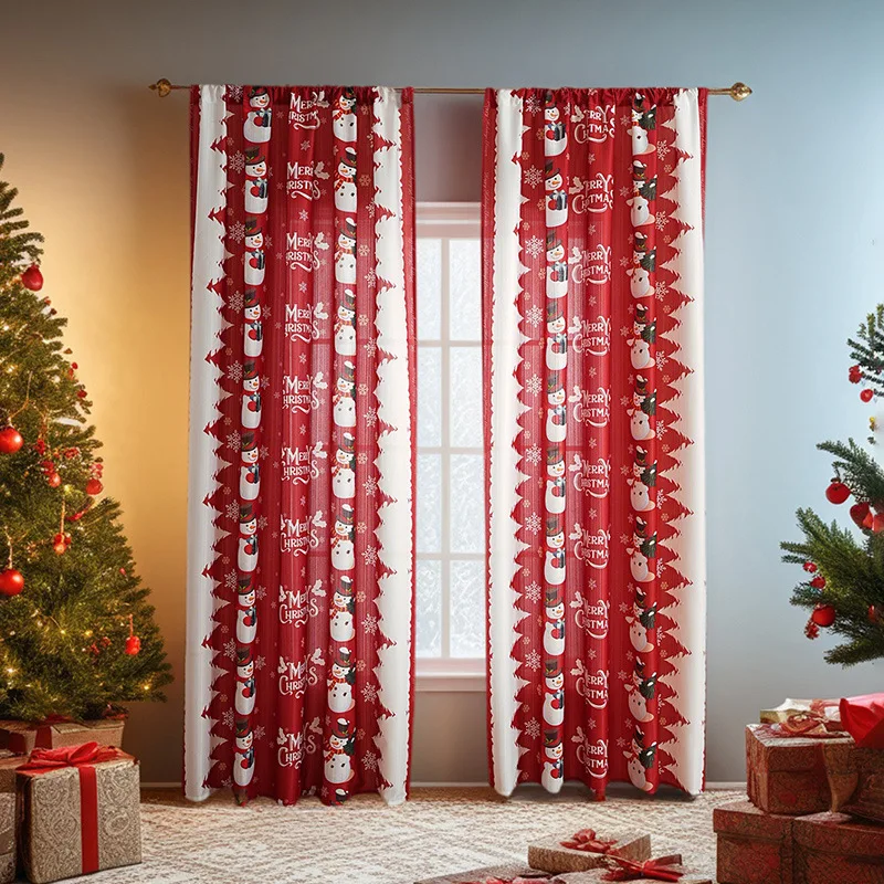 Christmas Decorative Curtains Holiday Bedroom Background Fabric Non-Perforated Light-Blocking Ready-Made Curtains Home Decor
