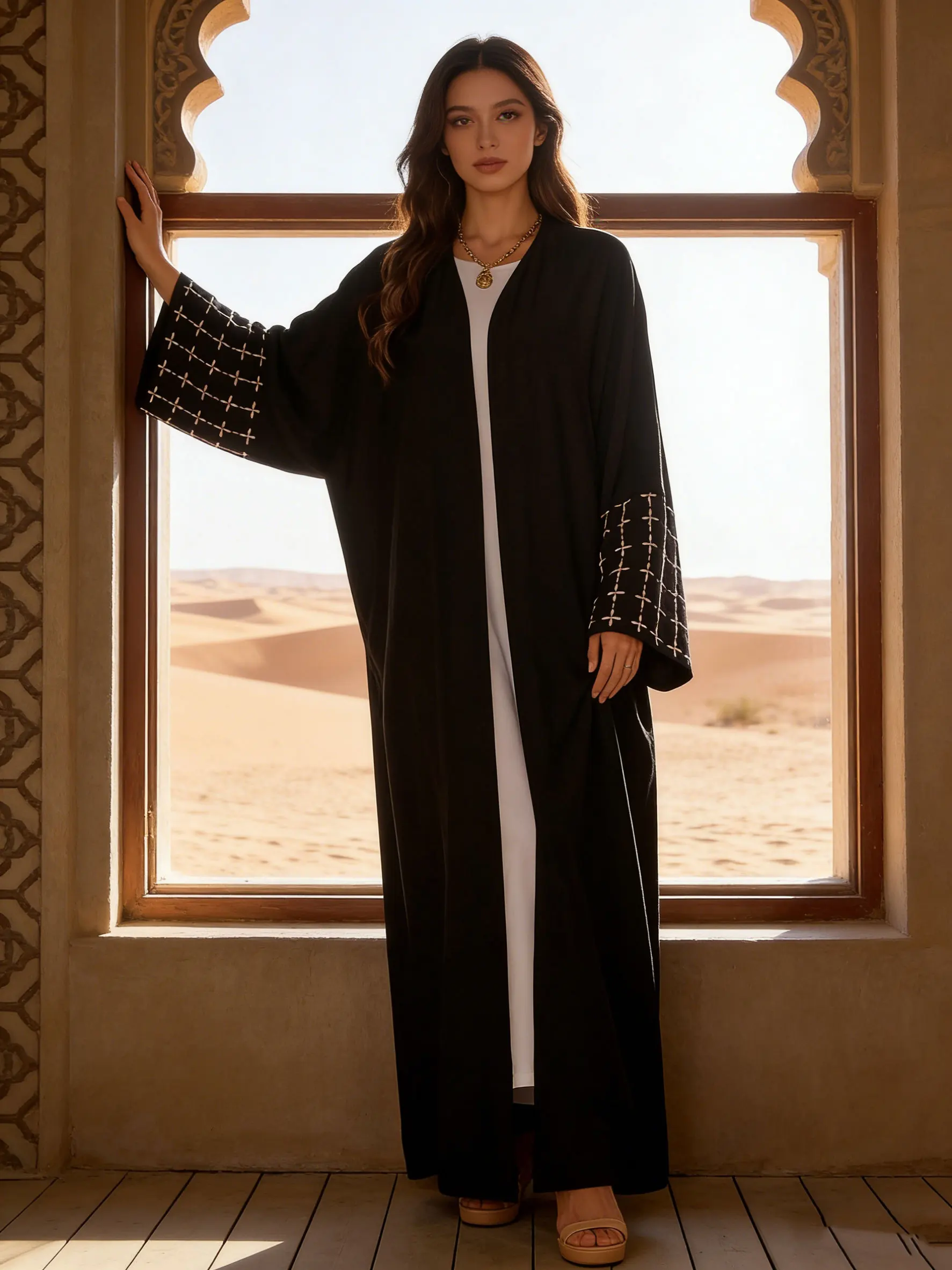 Abaya contrasté noir et rose avec poignets brodés à carreaux pour femmes musulmanes caftan marocain Ramadan Jalabiya Islam dubaï arabe