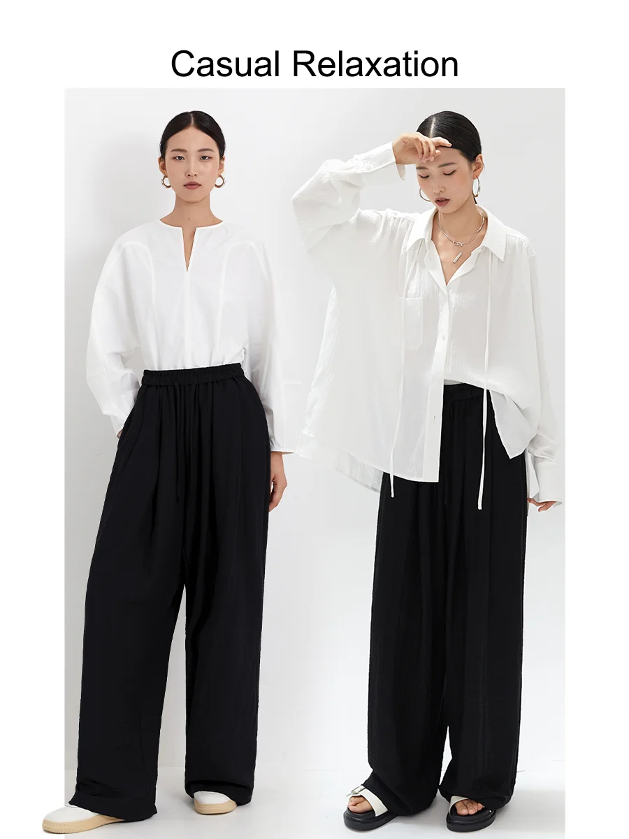

Casual Loose Straight Leg Pants Women's Spring Autumn Faionable Drapey Elastic Waist Comfortable Bla Wide Leg Trousers