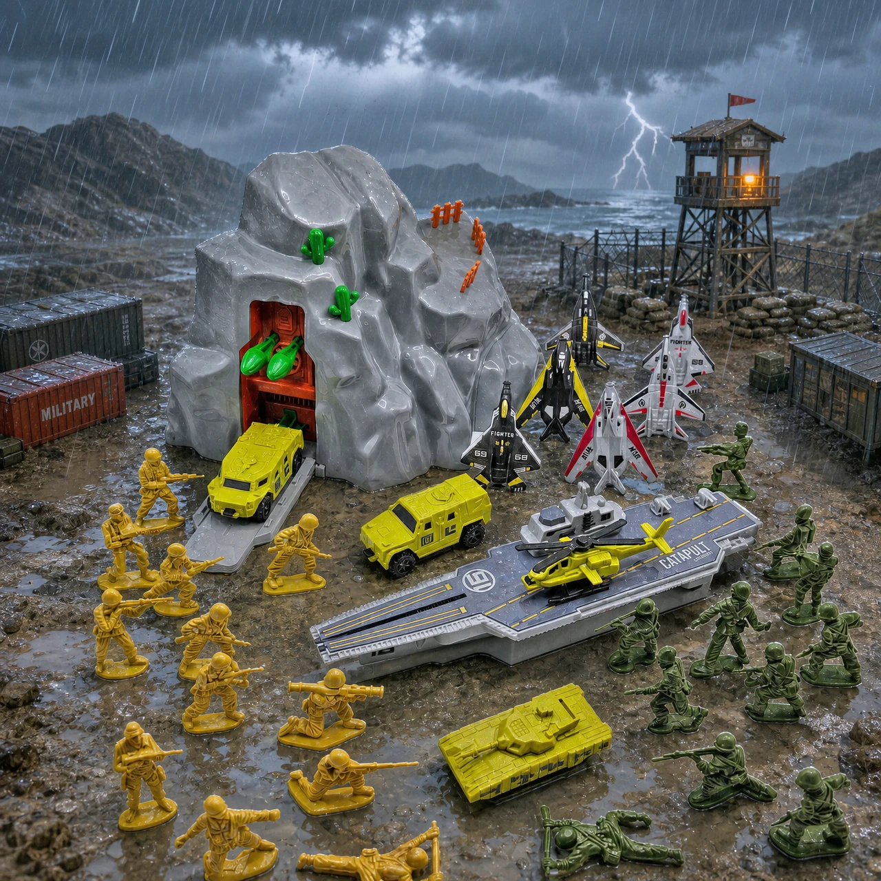 Boy's Military Toy Set, Ejectable Mountain Base, 24 Figures, Aircraft Carrier Model with Ejectable Planes