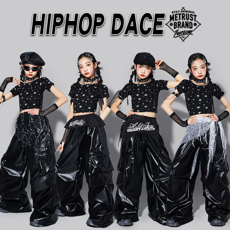 Girls K-pop Black Crop Top Cargo Pants Children Streetwear Girl Group Costumes Kids Hip Hop Jazz Teens Street Dance Clothes Sets