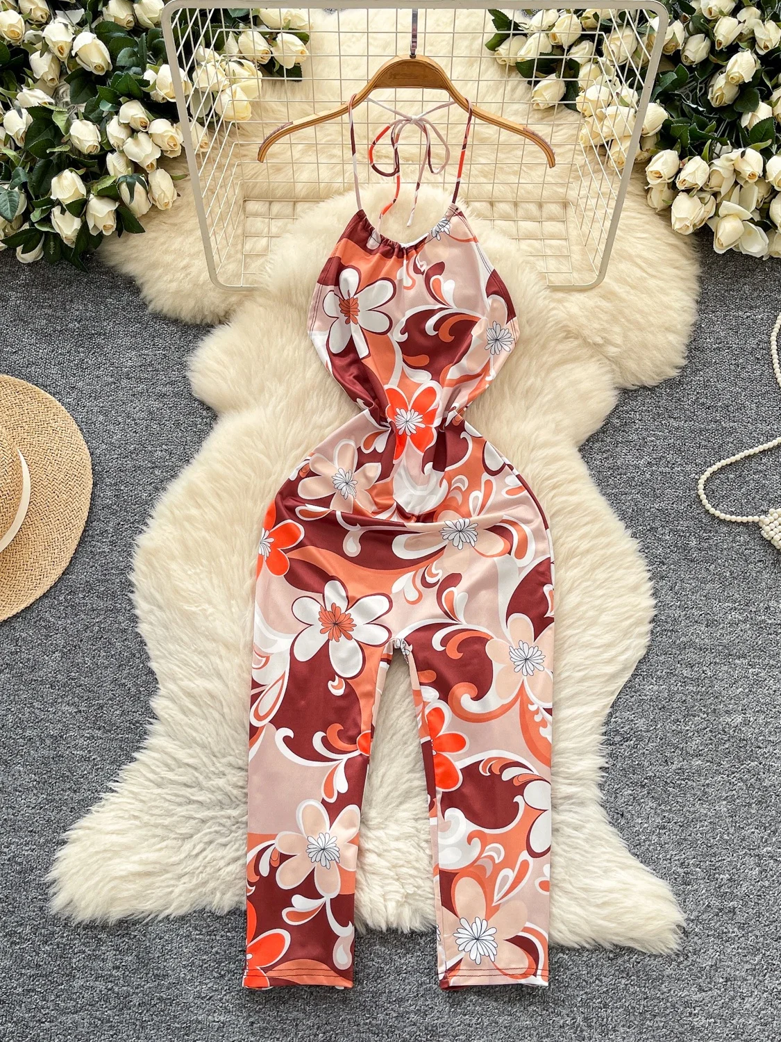 กางเกงขายาวทรงตรงเอวสูงพิมพ์ลายเซ็กซี่สำหรับผู้หญิงช่วงฤดูร้อน ผลิตจากเส้นใยโพลีเอสเตอร์ จำหน่ายออนไลน์เท่านั้น