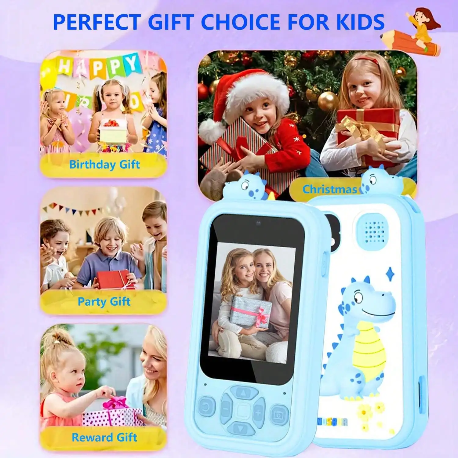 Fonctionnement sur écran tactile pour téléphone pour enfants, caméra 48MP, prend en charge l'enregistrement vidéo HD 1080P équipé d'une carte mémoire de 64 Go et une lecture de carte