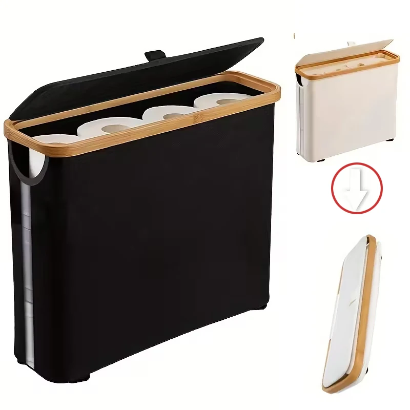 

Foldable Bathroom Storage Basket Large Capacity Toilet Paper Holder with Bamboo Lid Reusable Laundry Basket for Home Storage