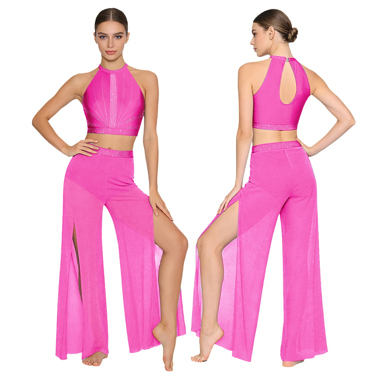 Vrouwen Moderne Lyrische Danskostuum Kunstschaatsen Gymnastiek Acrobatiek Dancewear Strass Crop Tank Top Shimmy Mesh Broek