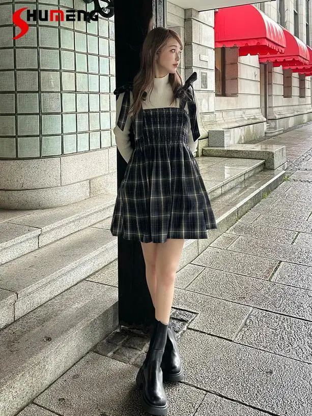 Japanese Elegant Retro Lace-up Bow Straps Sleeveless High Waist A-line Sweet All-matched Plaid Sling Short Pleated Dress Women