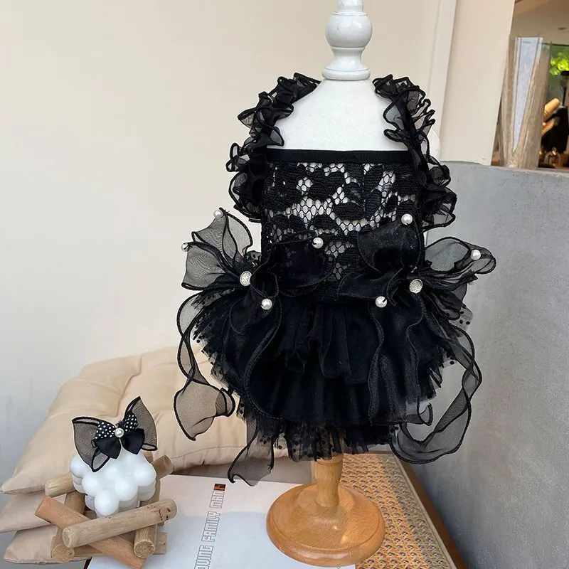 Handmade Dog Clothes Pet Items Dress Classic Black Sexy Openwork Lace Dot Tulle Scalloped Skirt Party Holiday One Piece Costume