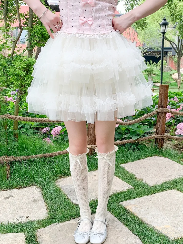 

Sweet Pink Mesh Lace Cake Skirt for Women 2025 New High Waisrt Bow A-line Skirts Summer Fashion All-match Faldas De Mujer