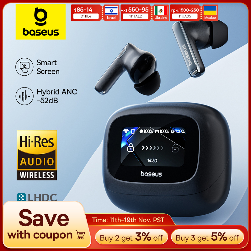  Baseus Bowie M2s Ultra Wireless Earphones Smart Screen 52dB Noise Cancelling Bluetooth 5.4 Headphones 3D Audio Spatial Earbuds 