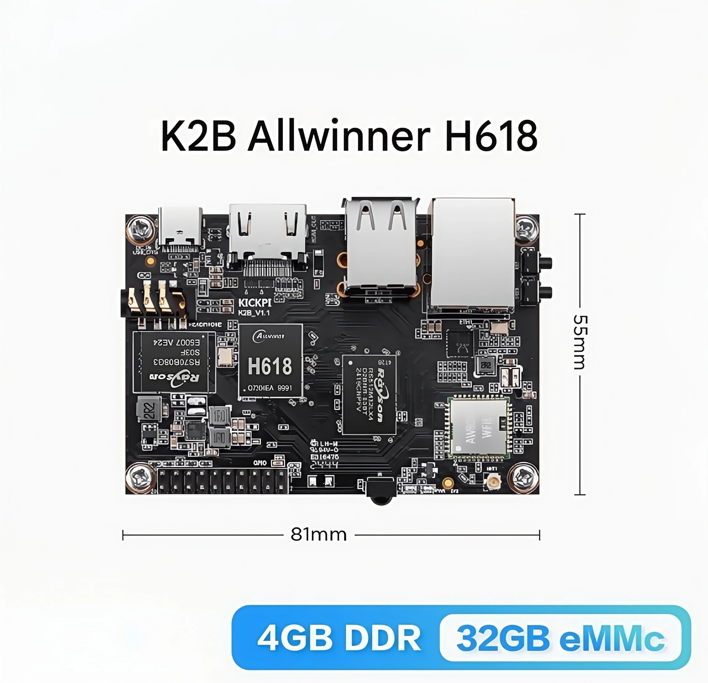 Kickpi k2b allwinner h618 placa de desenvolvimento linux android placa-mãe braço embutido placa núcleo ai iot wifi bluetooth