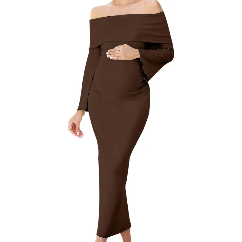 

Maternity Pregnant Women Solid Knitted Dress Off Shoulder Slim Fit Long Sleeve Dresses Spring Autumn Casual Pregnancy Clothing