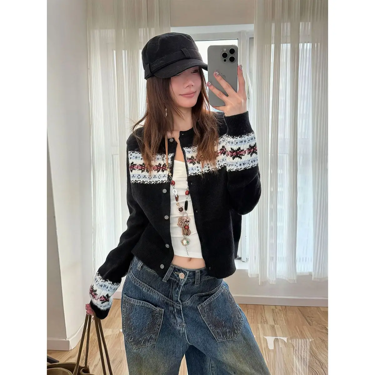 Vintage Sweater Embroidery Women Knitted Cardigan Soft Cozy Jacket Y2k Clothes Cropped Cardigan Slim Lazy Top Autumn Winter Coat