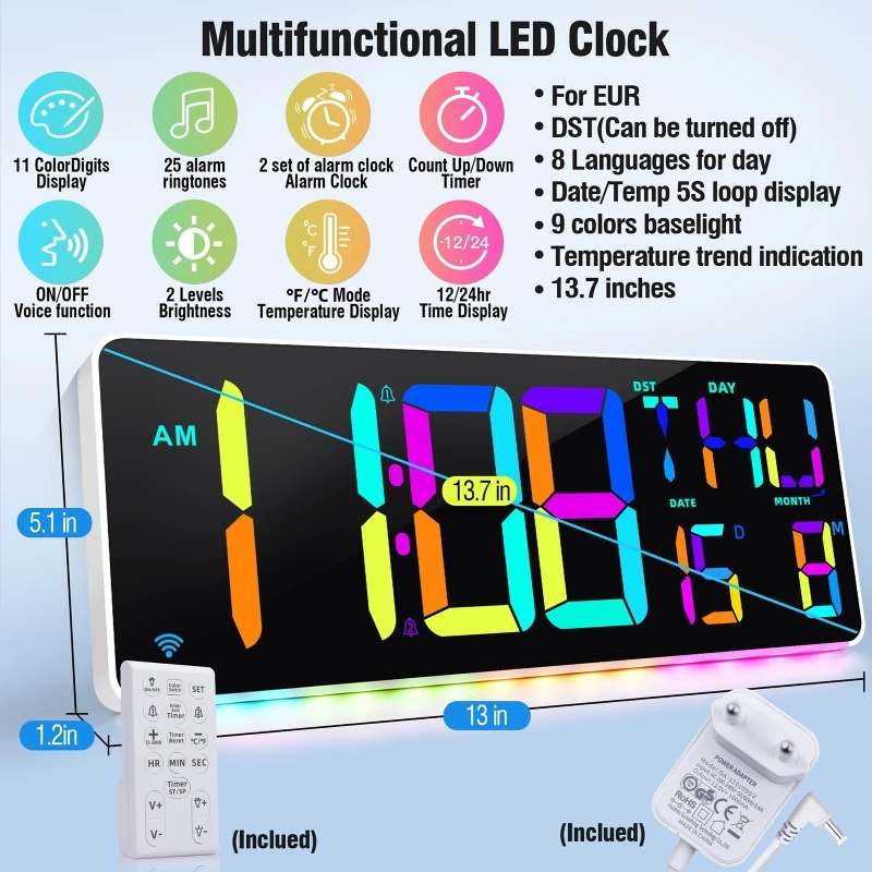 Remote Control LED Large Digital Wall Clock Date Week Display Table Wall-mounted Alarms Clocks Large-screen Electronic Clock