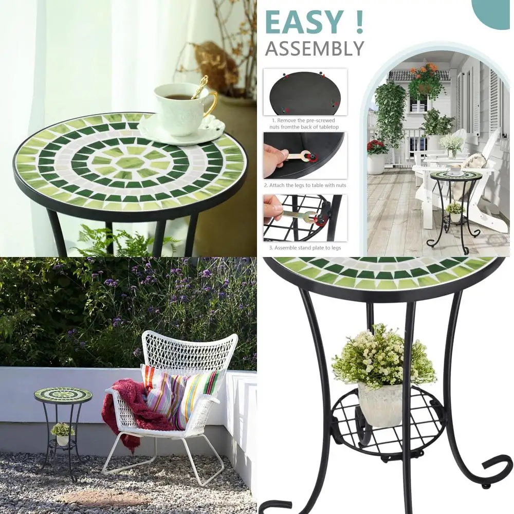 

Mosaic Patio Table with Metal Frame: Small Outdoor Side Table for Garden, Balcony, Beach, or Porch