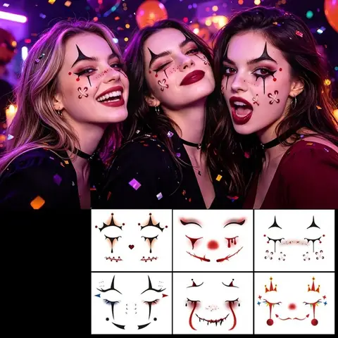 Make Up Joker Face Tattoo Sticker Face Art Waterproof Circus Clown Temporary Tattoo Long Lasting DIY Little Witch Face Sticker