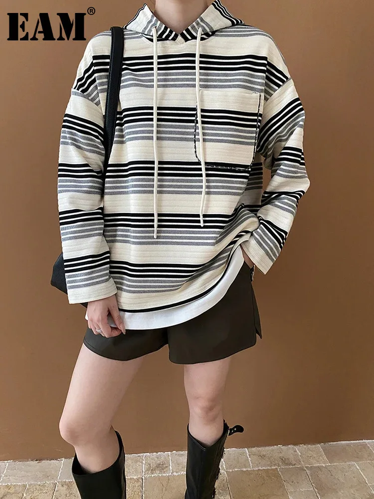 [EAM] Beige Striped Drawstring Casual Sweatshirt New Hooded Long Sleeve Women Big Size Fashion Tide Spring Autumn 2023 1DH7386