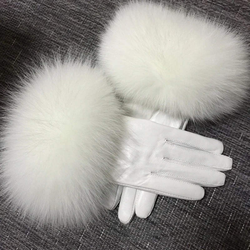 White Real Big Fox Fur Women's Sheepskin Gloves Winter Plus Velvet Chic Female Outdoor Windproof Warm Genuine Leather Gloves