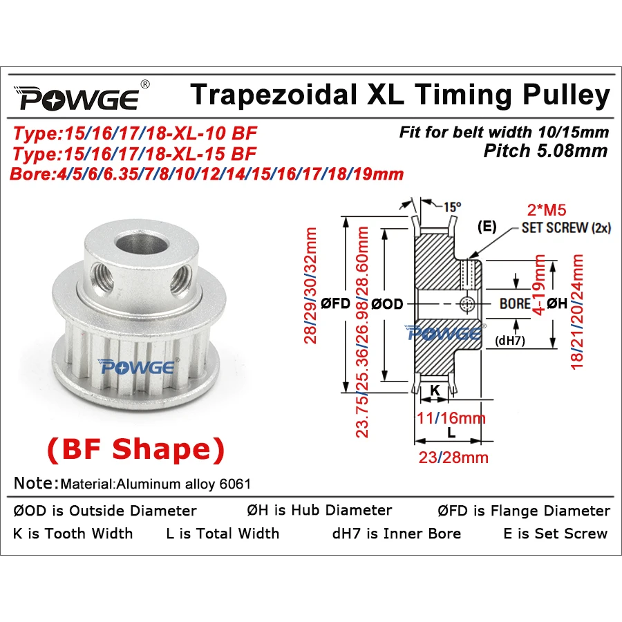 POWGE 15 16 17 18 teeth XL Timing Pulley Bore 5/6/6.35/7/8/10/12/14/15/16/17/18/19mm for Belt width 10/15mm 15T 16T 17T 18T 
