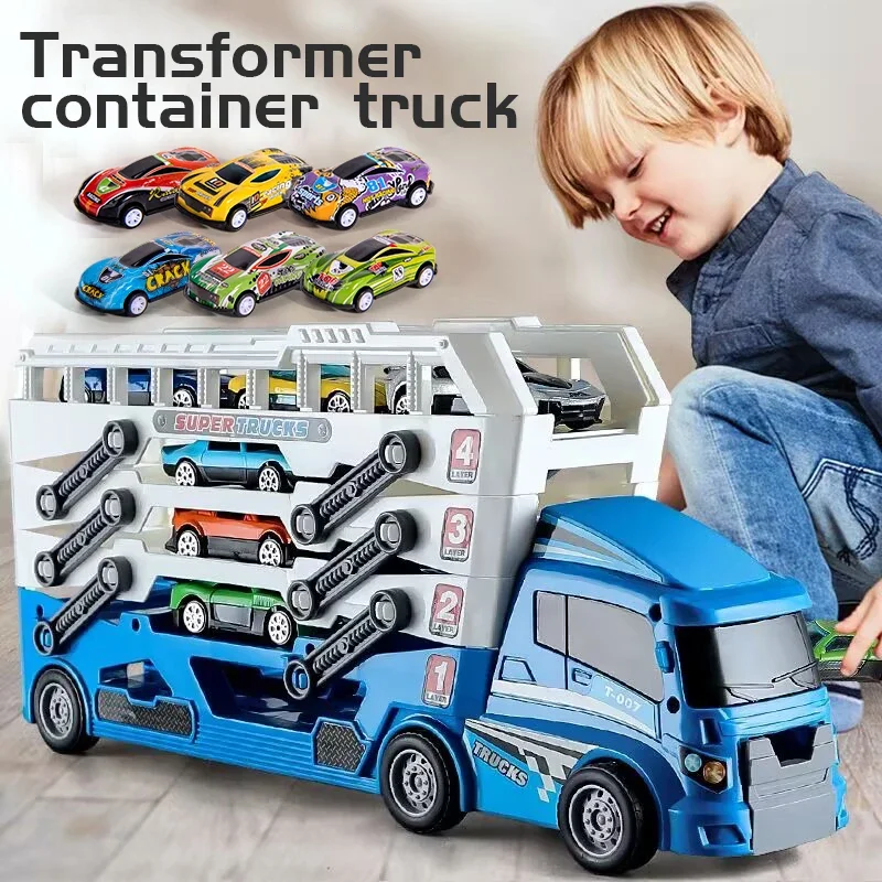 Children Educational Alloy Storage Container Engineering Truck Deformation Big Truck Track Catapult Car kids Toys with 6 cars