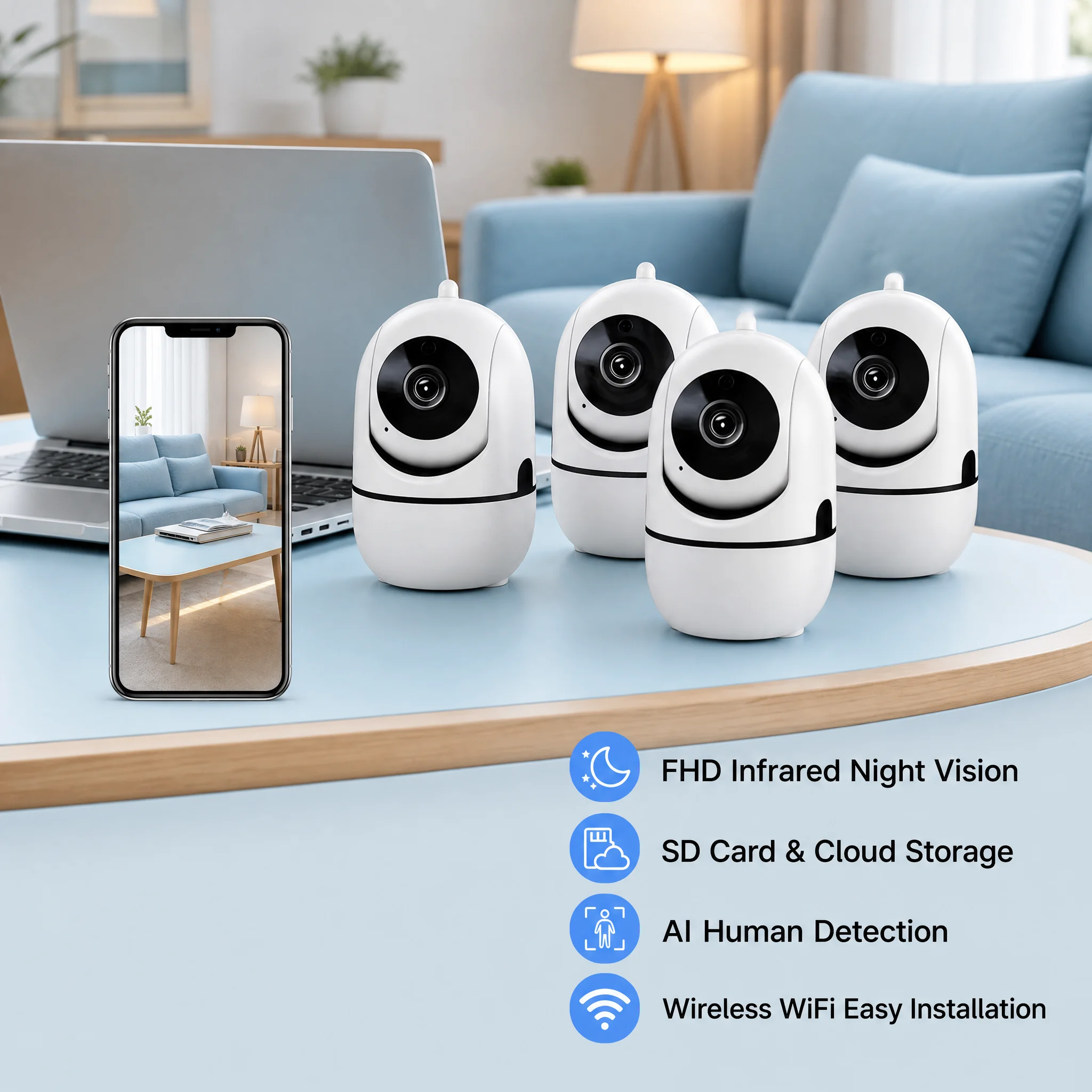 4PC FHD Indoor Security Smart WiFi Surveillance Camera, Color Night Vision, Motion/Human Detection, 2-Way Audio, Cloud/Local Sto