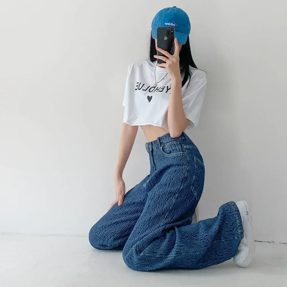 

Blue Trousers High Waist Shot with Pockets Pants for Women Straight Leg Womens Jeans Harajuku Fashion Chic and Elegant