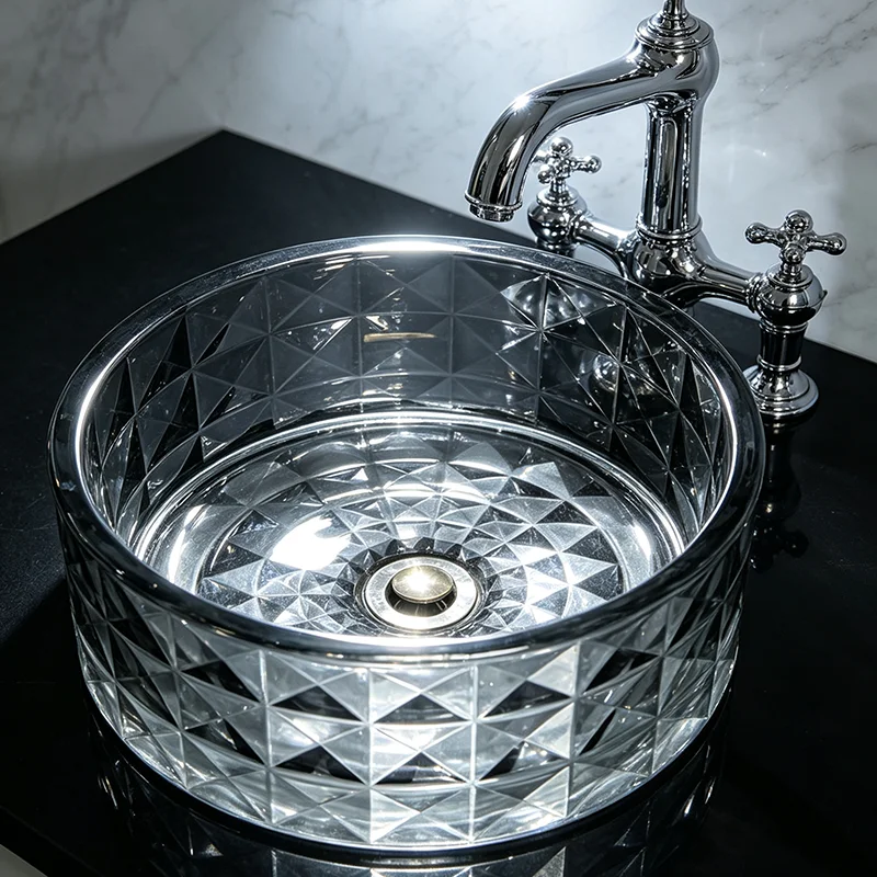 Gray Glass Countertop Basin, with a Simple and Elegant Round Shape, the Light Passes through the Basin Body, Reflecting Dynamic Light and Shadow, Creating a Rich Atmosphere. the Three-Dimensional Diamond Pattern Design Adds More Layers to the Light and Shadow, Making It an Ideal Choice for Modern Bathroom Fixtures, Suitable for Dressing Rooms, Vanity Tables, and Home Bathroom Sinks, and Can Be Matched with Various Decor Styles (Accessories Not Included)