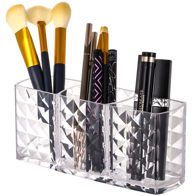 Makeup Brush Eyebrow Pencil Storage Rack Three Compartments Large Capacity Transparent Storage Box Stationery Pen Holder